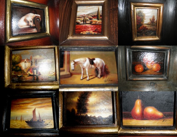 Framed mini oil paintings on wood.